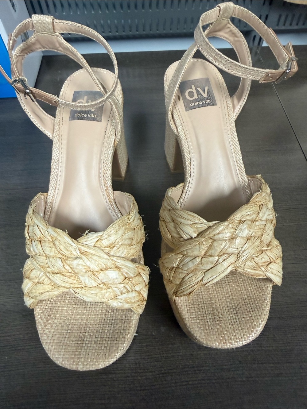 Dolce Vita Natural Braided Raffia Platform Wedges with Ankle Strap